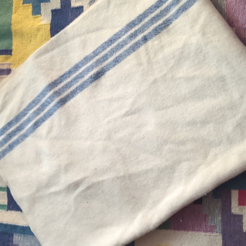 100% Wool Plush Striped Blanket W/ Slit For Poncho